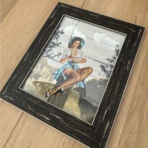 Vintage Style Art Pin Up Girl Fishing with Black Frame